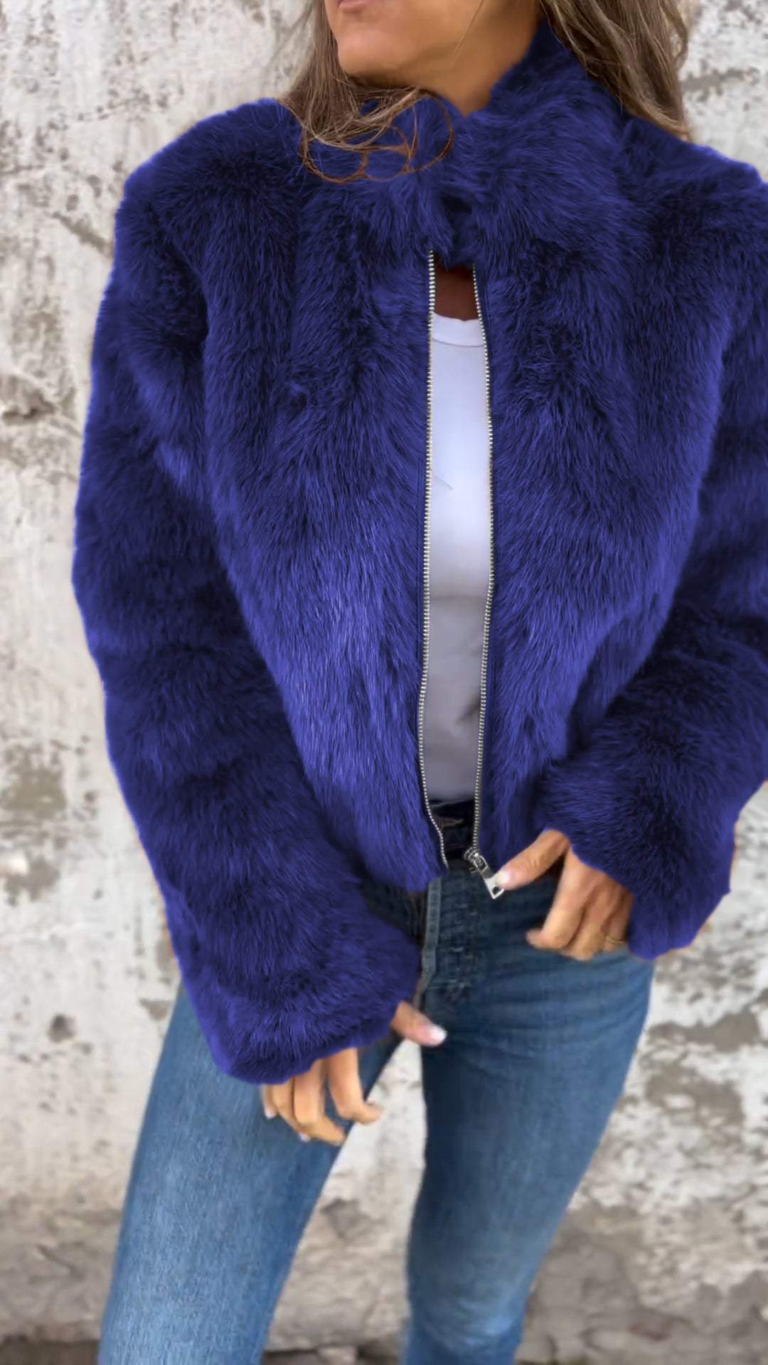 Women's High Collar Fur Zipper Casual Jacket - Image 9