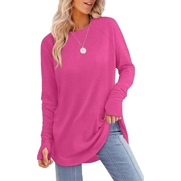 Womens Tunic Tops to Wear with Leggings Long Sleeve Thumb Crew Neck Curved Hem - Image 11