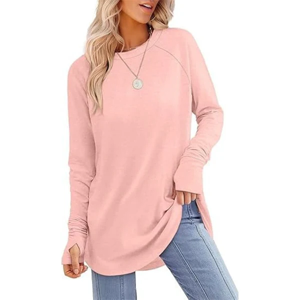 Womens Tunic Tops to Wear with Leggings Long Sleeve Thumb Crew Neck Curved Hem - Image 12