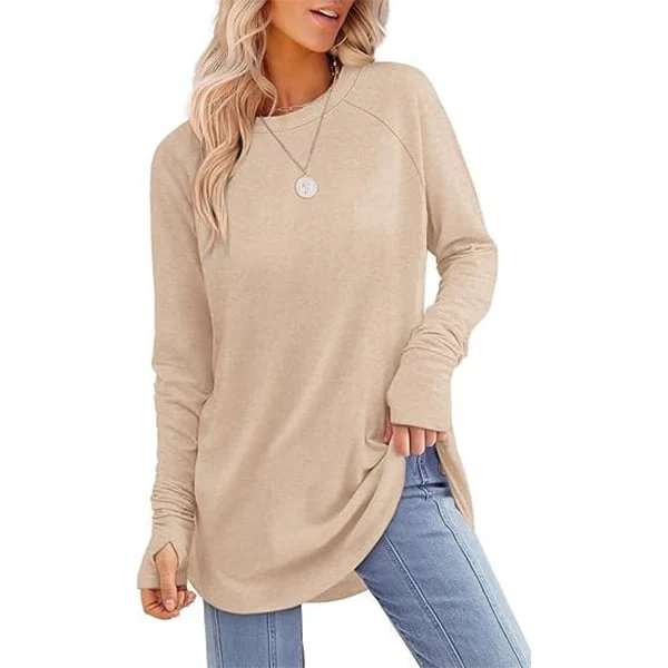 Womens Tunic Tops to Wear with Leggings Long Sleeve Thumb Crew Neck Curved Hem - Image 13