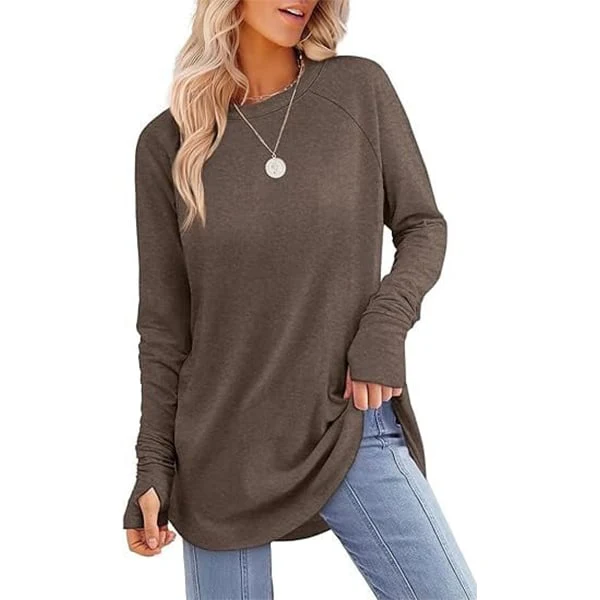 Womens Tunic Tops to Wear with Leggings Long Sleeve Thumb Crew Neck Curved Hem - Image 14