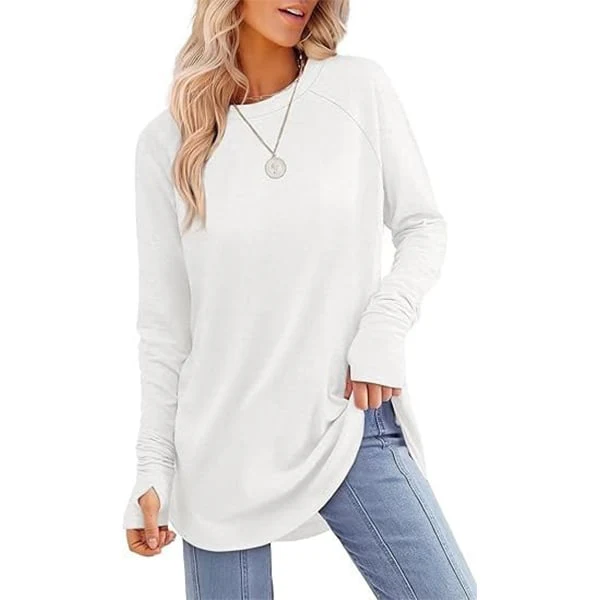 Womens Tunic Tops to Wear with Leggings Long Sleeve Thumb Crew Neck Curved Hem - Image 3