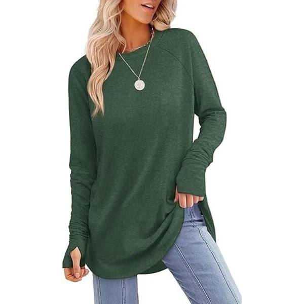Womens Tunic Tops to Wear with Leggings Long Sleeve Thumb Crew Neck Curved Hem - Image 7