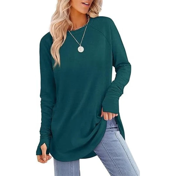 Womens Tunic Tops to Wear with Leggings Long Sleeve Thumb Crew Neck Curved Hem - Image 8