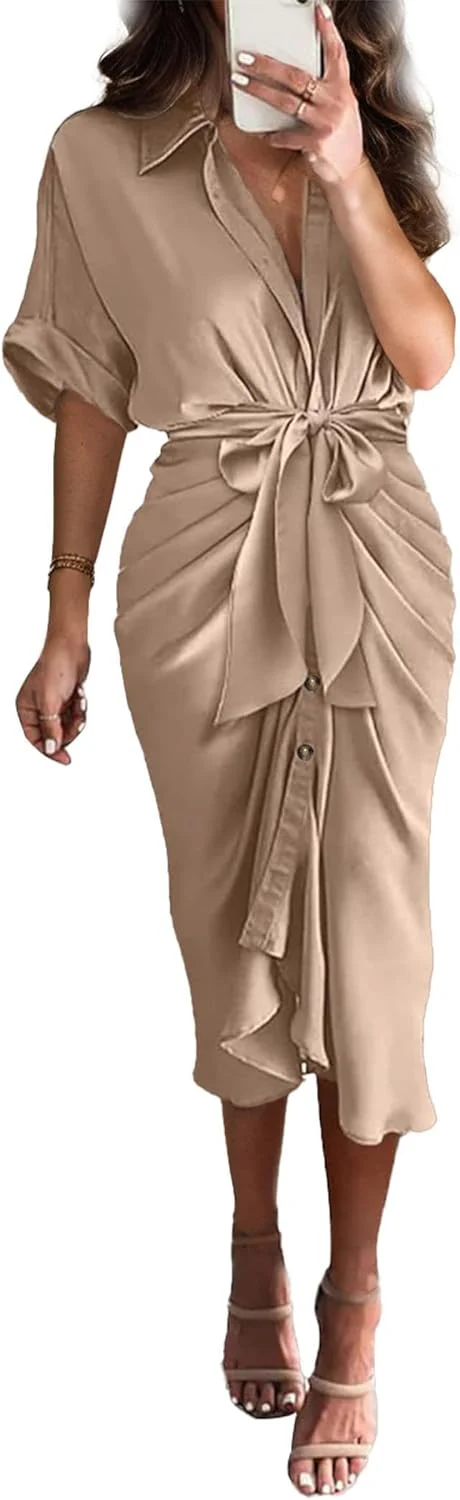 Women's Satin Button Shirt Dress - Image 6