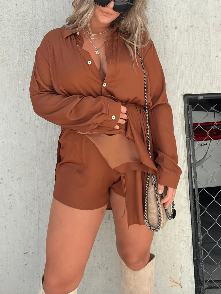 Women's Solid Color Long Sleeve Shirt Suit - Image 4