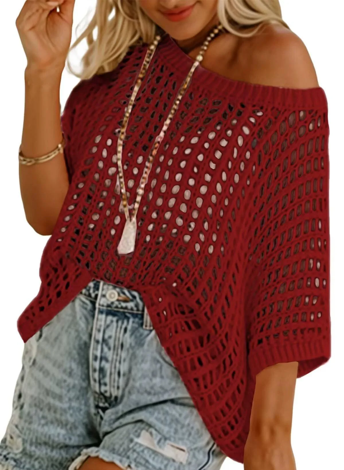🎁 Womens Summer Scoop Neck ShortSleeve Sweater Casual Crochet Hollow Out KnitTops - Image 12