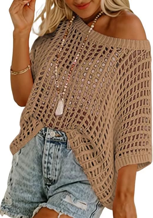 🎁 Womens Summer Scoop Neck ShortSleeve Sweater Casual Crochet Hollow Out KnitTops - Image 13