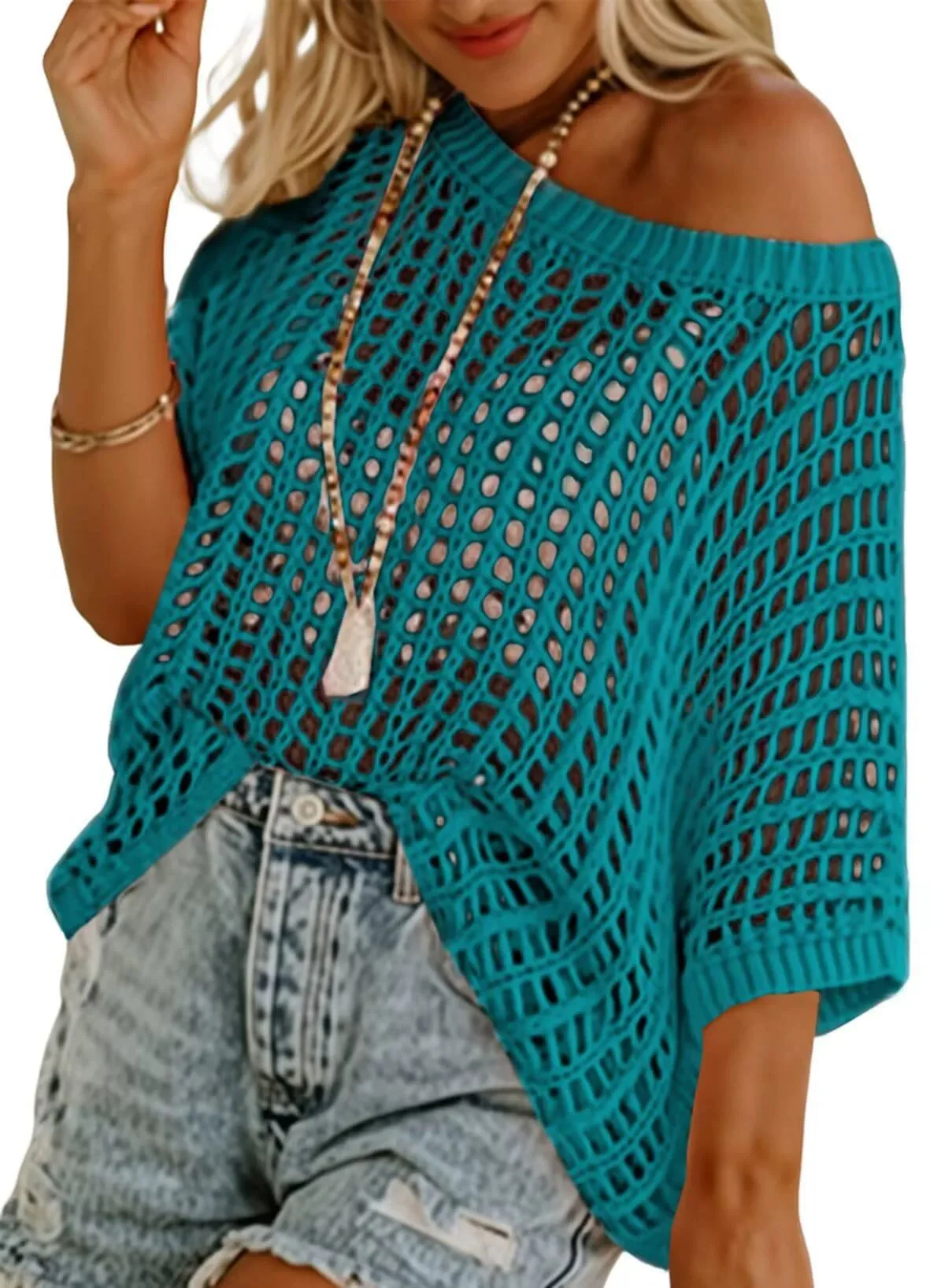 🎁 Womens Summer Scoop Neck ShortSleeve Sweater Casual Crochet Hollow Out KnitTops - Image 14