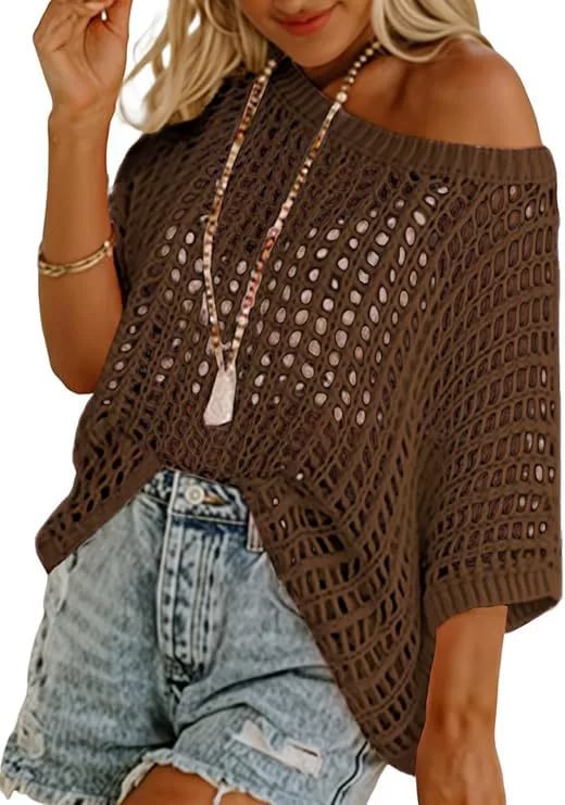 🎁 Womens Summer Scoop Neck ShortSleeve Sweater Casual Crochet Hollow Out KnitTops - Image 15