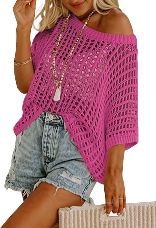 🎁 Womens Summer Scoop Neck ShortSleeve Sweater Casual Crochet Hollow Out KnitTops - Image 18