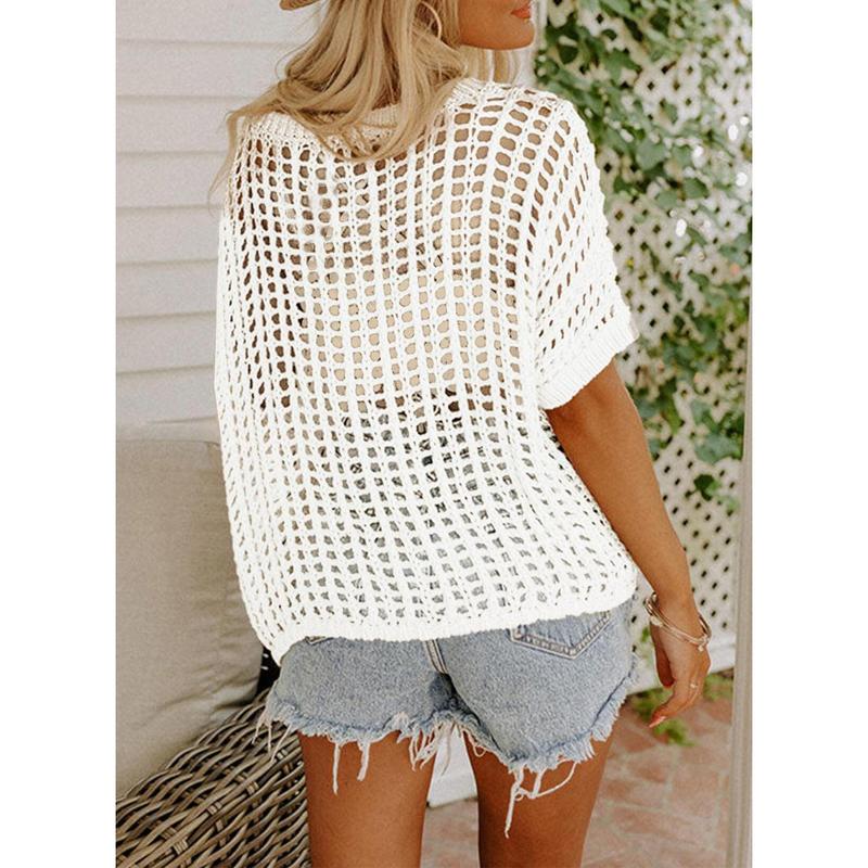 🎁 Womens Summer Scoop Neck ShortSleeve Sweater Casual Crochet Hollow Out KnitTops - Image 3