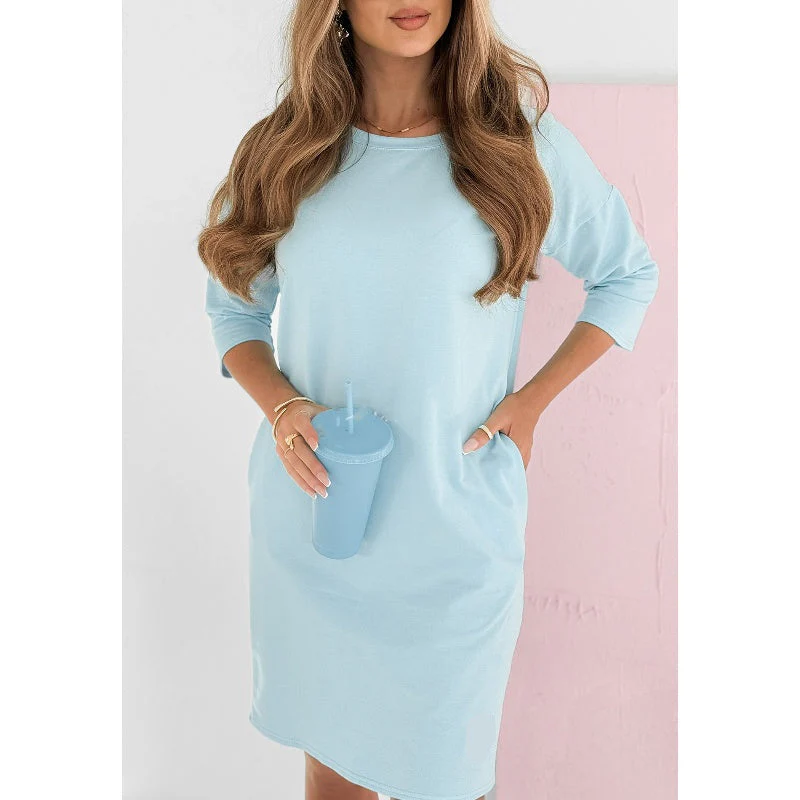 Round Neck 3/4 Sleeve Dress with Pockets - Image 5